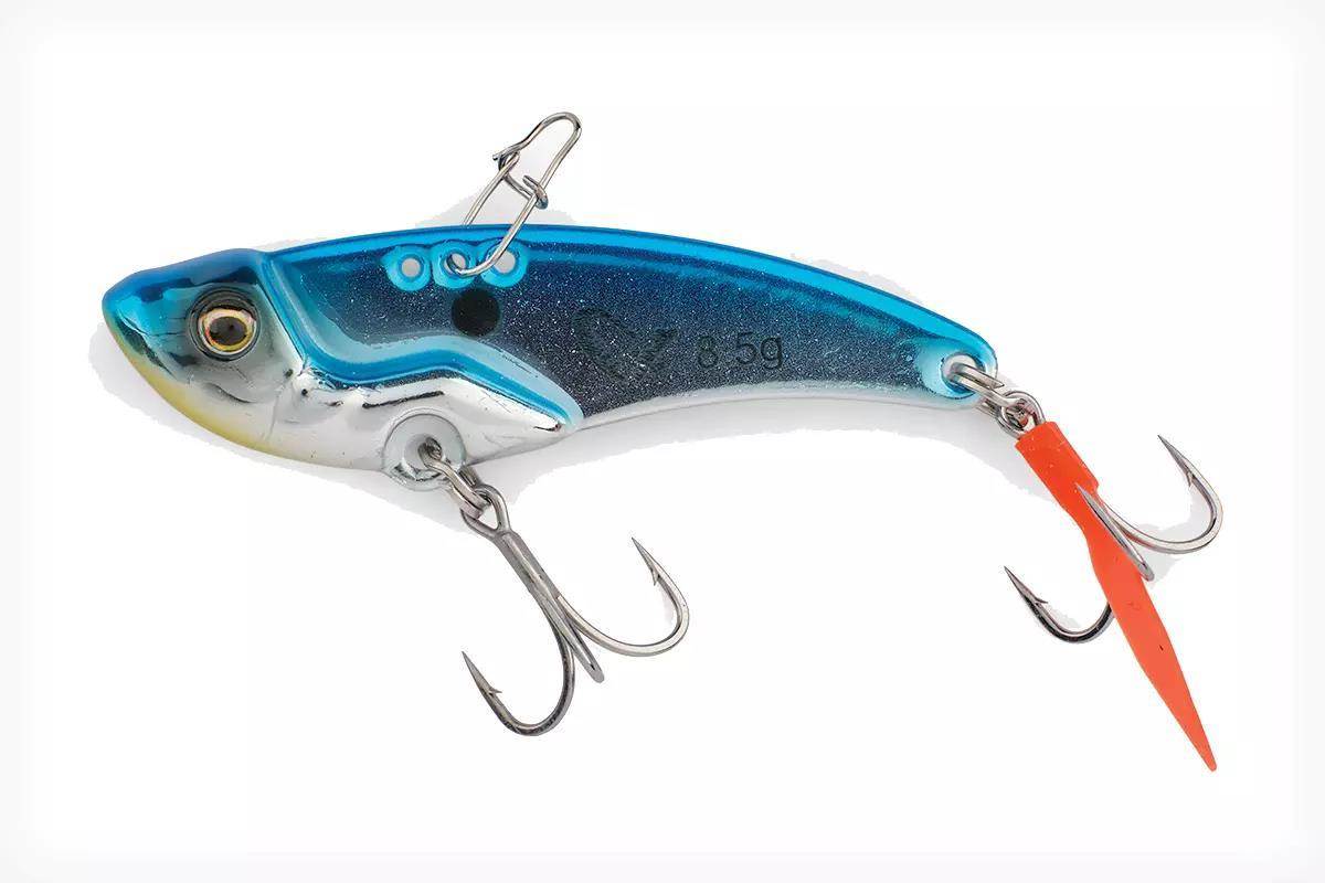 Studio photo of a blue blade bait.